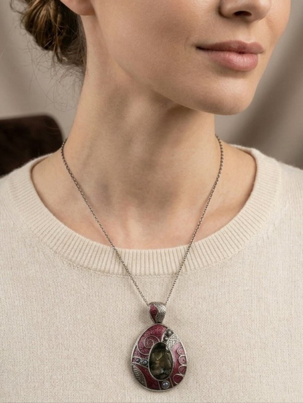 Handcrafted Vintage-Style Silver Pendant Necklace with Dark Pink Enamel Accent